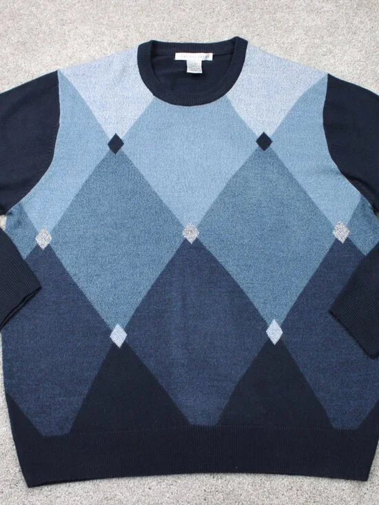 Geoffrey Beene Sweater Mens Large Blue/Black Argyle Acrylic Long Sleeve Pullover