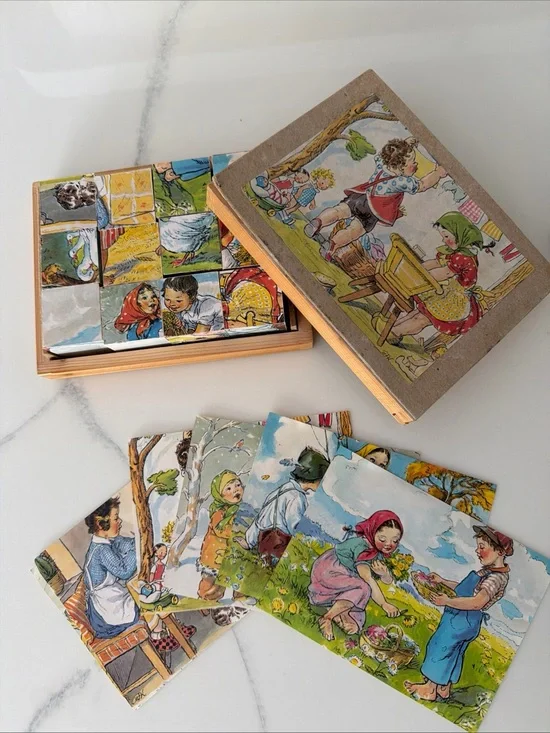 Vintage-style Kids Puzzle Cards Set - Multicolor