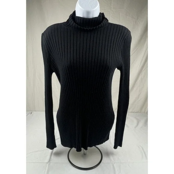 CHICOS BLACK RIBBED TURTLENECK SWEATER WOMENS SIZE 0 US SMALL COOLMAX KNIT