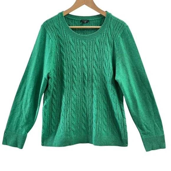 Talbots Green Cable Knit Sweater Women’s XL Crewneck Button Cuff