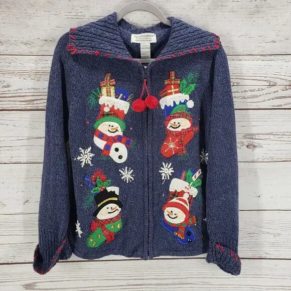 Tiara International Christmas Collection Blue Full Zip Sweater Size Large