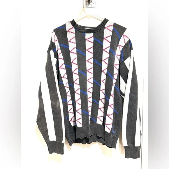 VTG 90s Private Club Cotton Sweater Sz:L Grandpacore Geometric Knit Crewneck.
