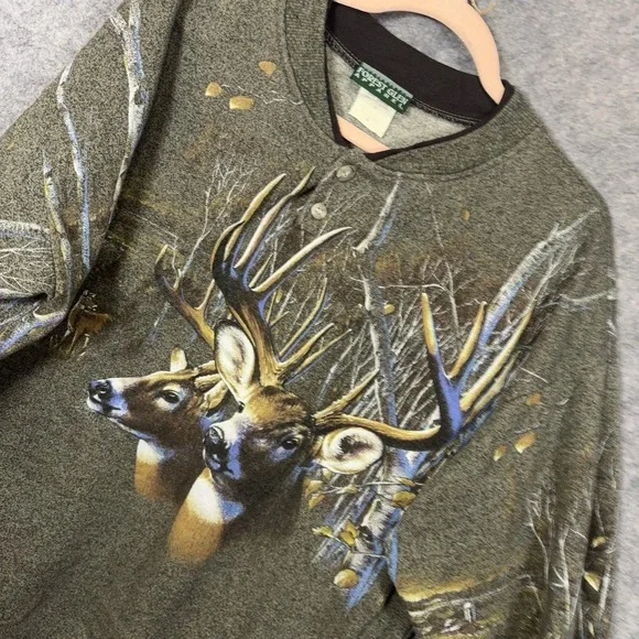 Forest Glen Apparel Henley Sweater Mens Sz L Green Deer Print USA VTG