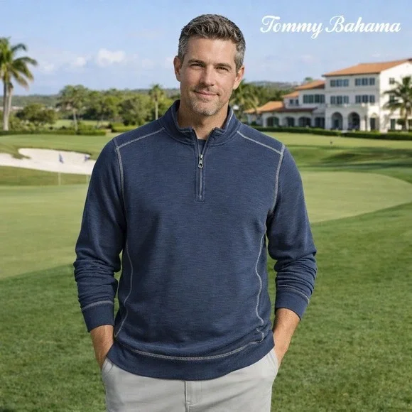 Tommy Bahama Men's L Blue 1/4 Zip Pullover Sweater‎ Golf Resort Coastal Cotton