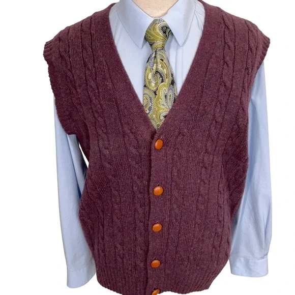 Neil‎ Martin Sweater Vest Mens Large Burgundy Marled Leather Button Cable Knit