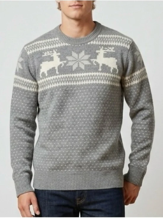 BEAMS Men's Gray Fair Isle Reindeer Crewneck Sweater
