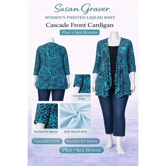 Susan‎ Graver Womens 3X Printed Liquid Knit Cascade Front Cardigan Sea Breeze
