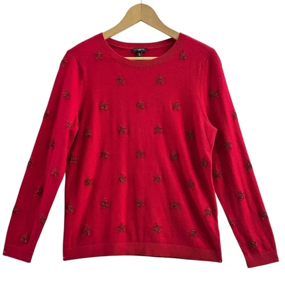 Talbots Petite Red Star Sweater MP Metallic Stars Crewneck Holiday