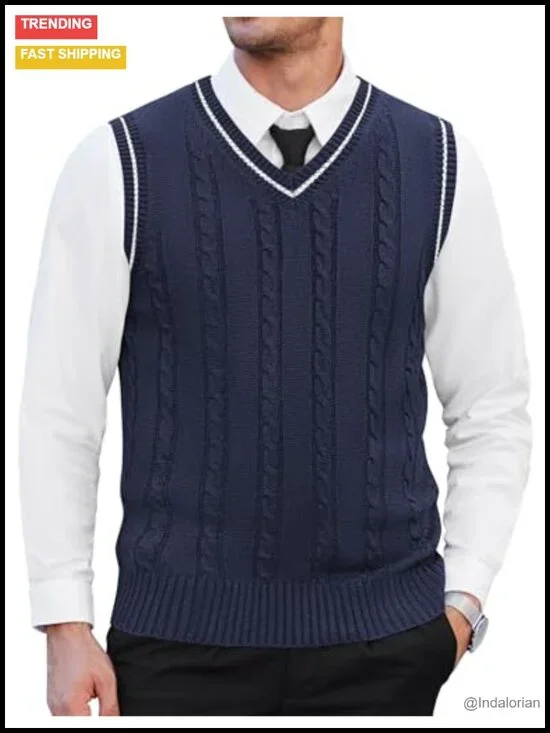 Men's Sweater Vest V Neck Slim Fit Casual Sleeveless Twisted Knitted Pullover