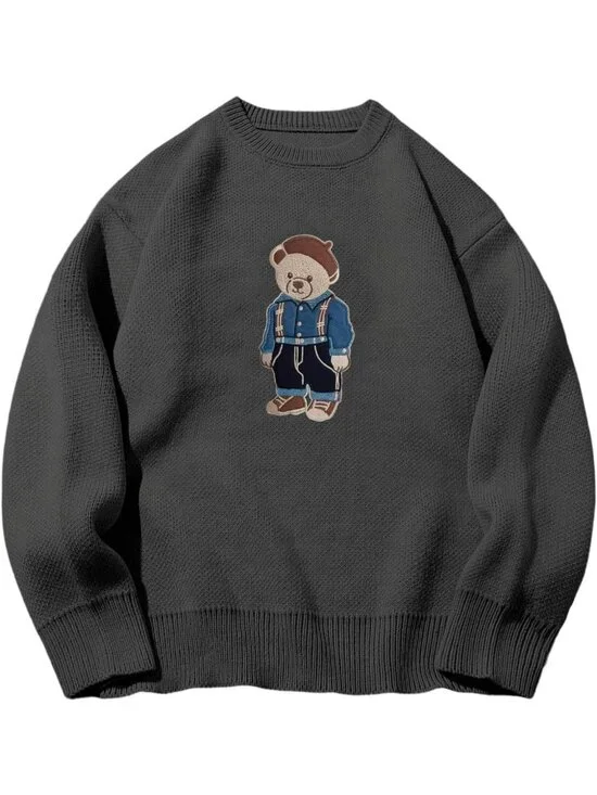 Oversized Vintage Bear Graphic Sweater Jumper - Unisex Preppy Style, Cozy Knit