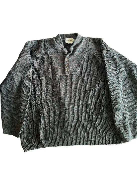 Vintage Eddie Bauer Mens XLT Henley Sweater Green Brown Marled Cotton Fisherman