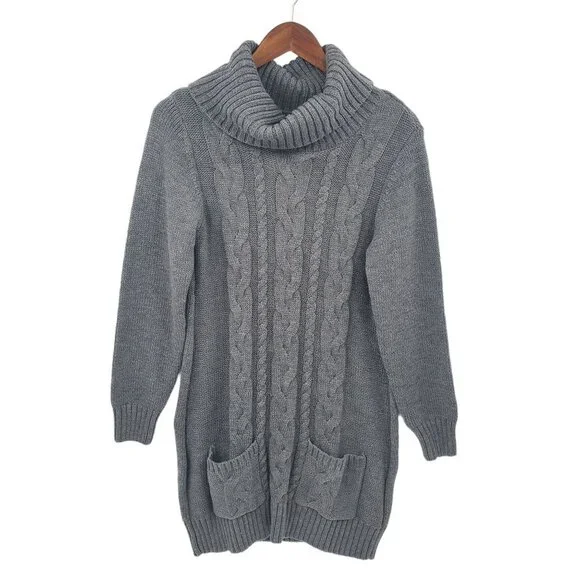 Womens Cowl Neck Cable Knit Tunic Sweater Size M‎ Gray Pockets Long Sleeve