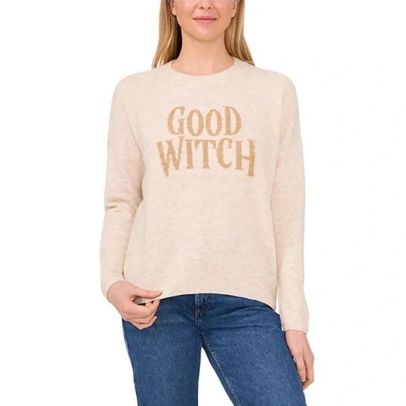 Vince Camuto ‘Good Witch’ NWT L/S Sweater Graphic Metallic Letters Heather Beige