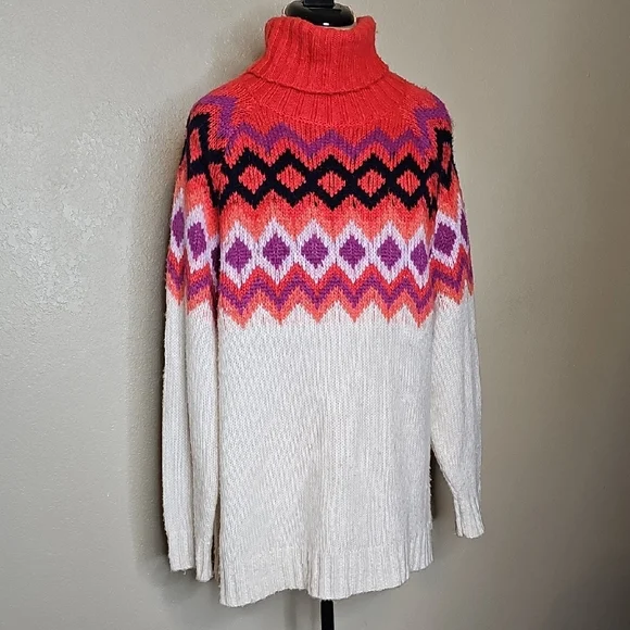 Aerie Vibrant Coral Fairisle‎ Patterned Oversized Turtleneck Sweater Large