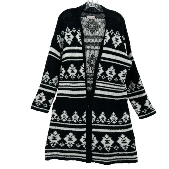 Knox Rose Women Sz M Black White Fair Isle Open Front Longline Cardigan Sweater