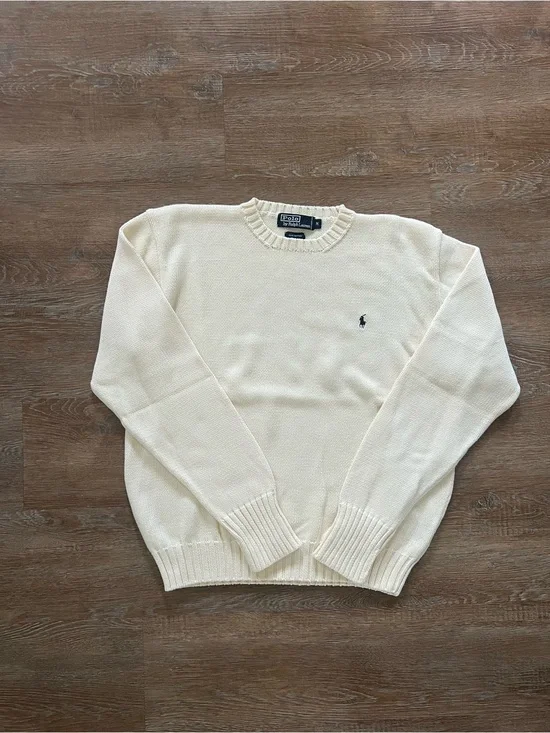 Vintage Polo Ralph Lauren Cotton Knit Crewneck Sweater | Cream | Mens Medium