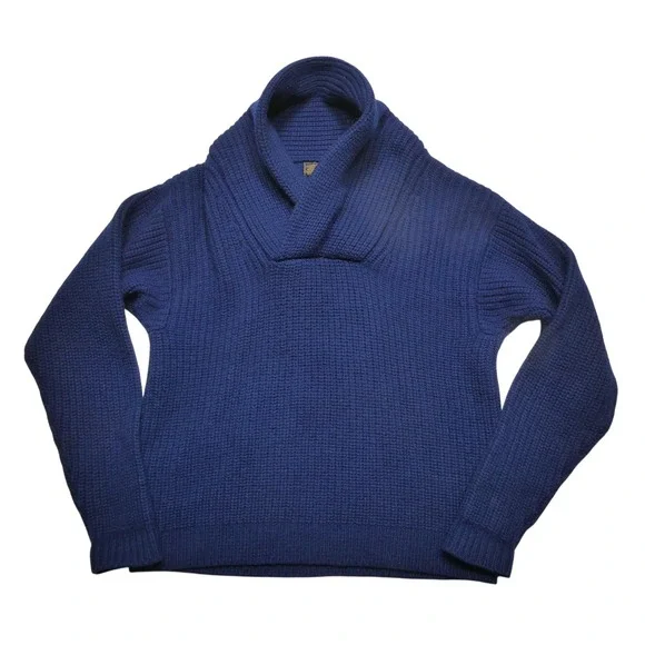 Vintage Eddie Bauer Sweater Mens Medium Blue Wool Shawl Collar Chunky Knit