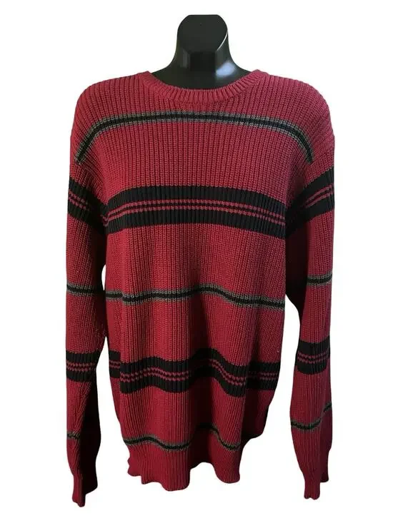 Nautica Men’s Sweater Red Black Grey Stripe Knit Crew Neck XXL