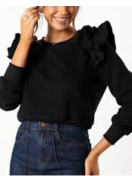Vanilla Star Black Ruffle-Sleeve Crewneck Sweater NWT