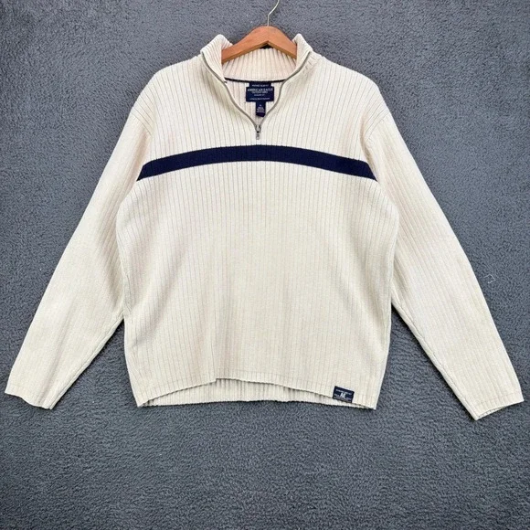 American Eagle Mens XL Quarter Zip Sweater‎ Cream Navy Stripe Ribbed Cotton 9861