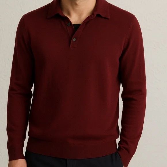 Hugo Boss Virgin Wool Polo V Neck Long Sleeve Maroon Large Soft Mens Sweater