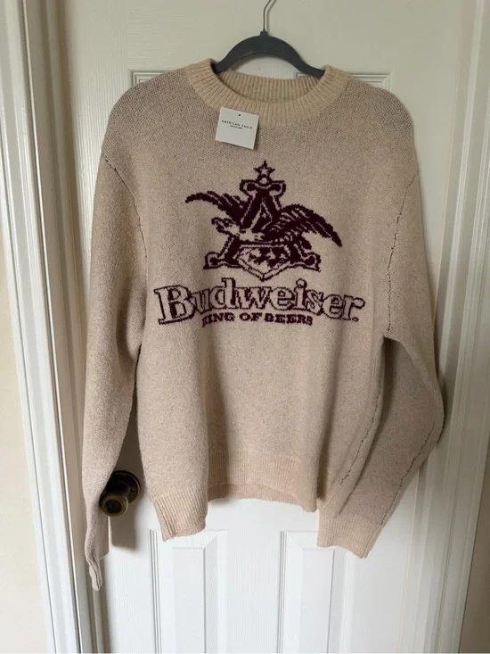 American Eagle Outfitters Beige Crewneck Sweater with Burgundy Logo