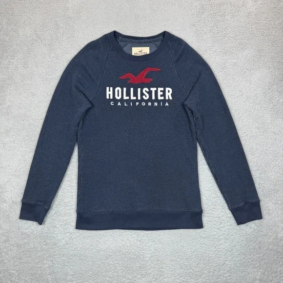 Vintage Y2K Hollister California Mens S Navy Blue Knit Logo Crewneck Sweatshirt