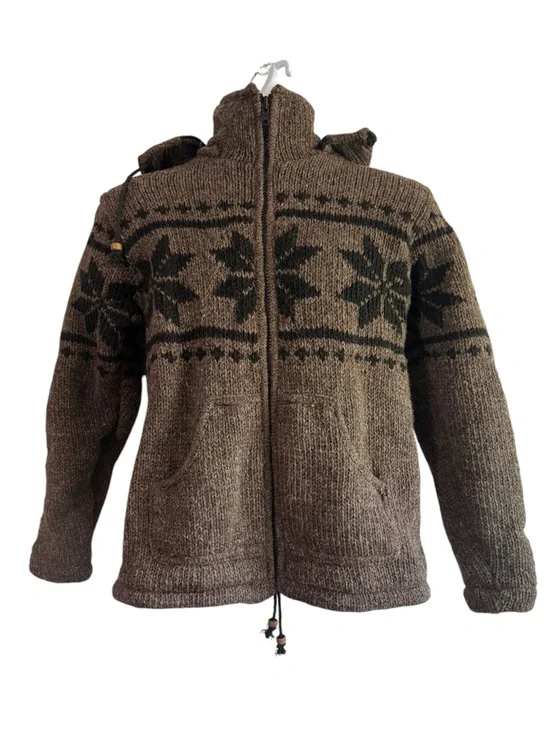 Himalayan Shop Mens 100% Wool Fleece Lined Hoodie Jacket Brown Fair Isle Nepal M