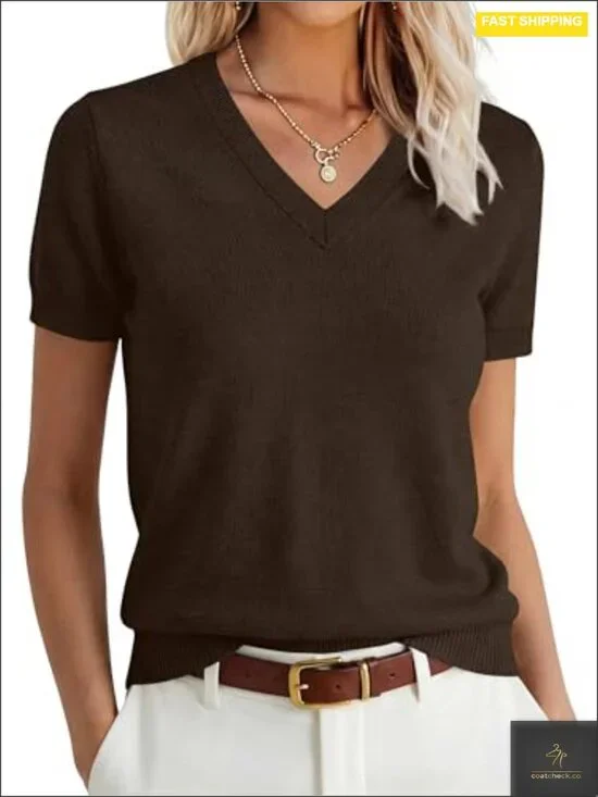 100% Wool V-Neck Short Sleeve Pullover Sweater - Business Casual Soft &