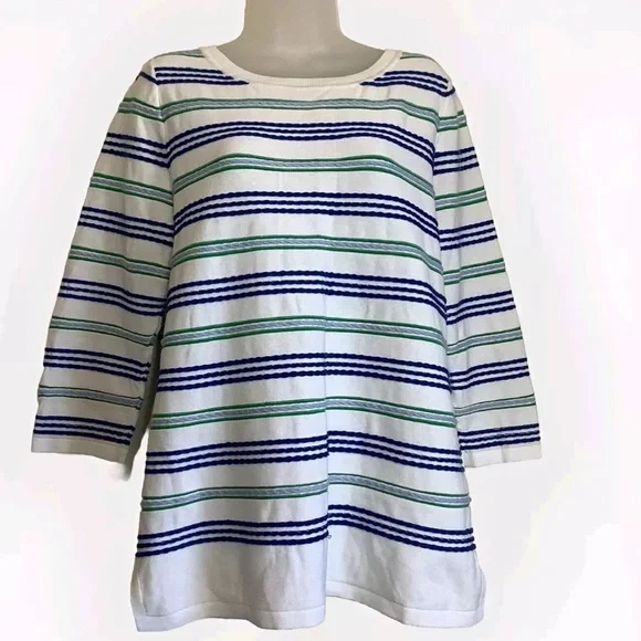 Talbots Factory Fair Isle Striped Knit Med. Pullover‎ Sweater White Blue Green
