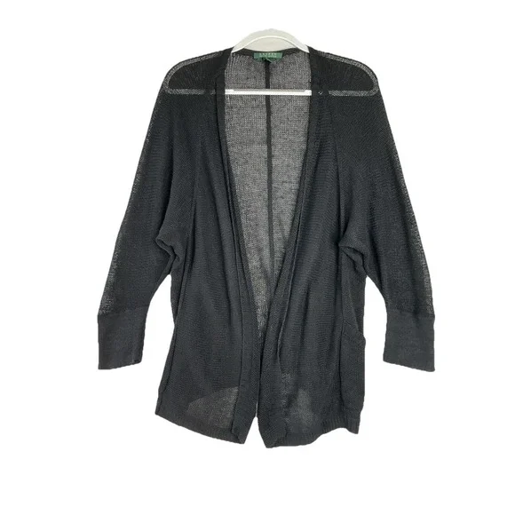 Lauren Ralph Lauren Black Sheer Linen Blend Open Cardigan Sweater Dolman Sleeve‎