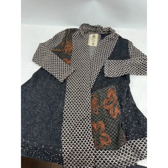 Fleur De Lis Cardigan Black Knit Yarn Patchwork Boho Floral Open Front Size S