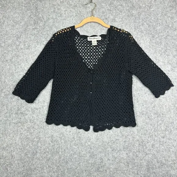 VTG Norm Thompson Black Crochet Knit Cardigan Sweater Sz S Linen Cotton Scallop