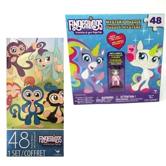 FINGERLINGS Puzzle Bundle - MYSTERY 48 Pc w/mini-White Unicorn + 48 pc Puzzle