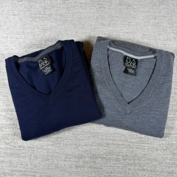 2 Pack Lot!  Jos. A. Bank V-Neck Sweater Mens XXL Navy Grey 100% Merino Wool