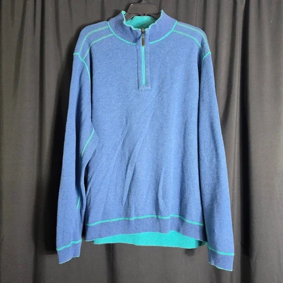 Tommy Bahama Men Quarter Zip Pullover Sweater Teal Contrast Stitch XL Reversible