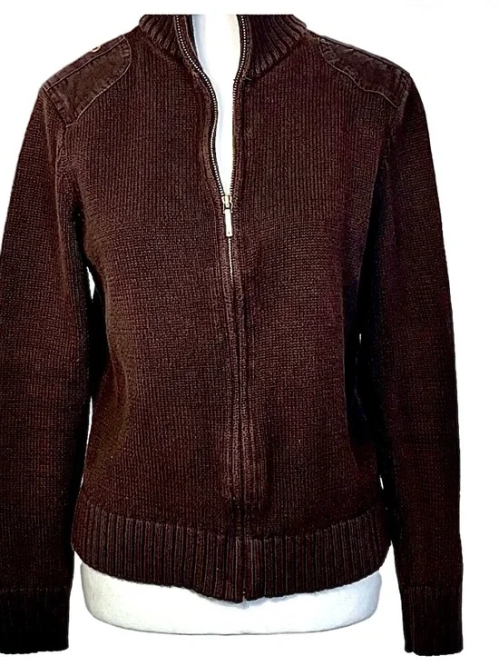 Lauren Ralph Lauren Brown Cotton Full Zip Cardigan Knit Sweater Medium
