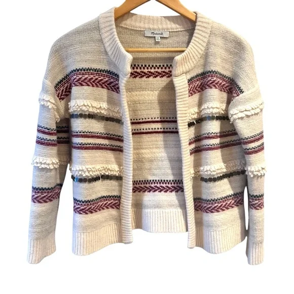 Madewell‎ Paillette-Stripe Cardigan Sweater Merino Wool Cream Size XXS