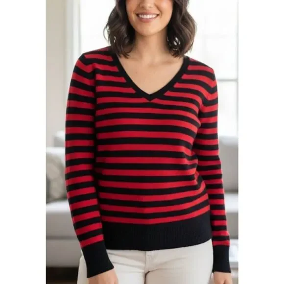 Bloomingdale's womens small sweater 2 PLY cashmere red blue stripe lightweight