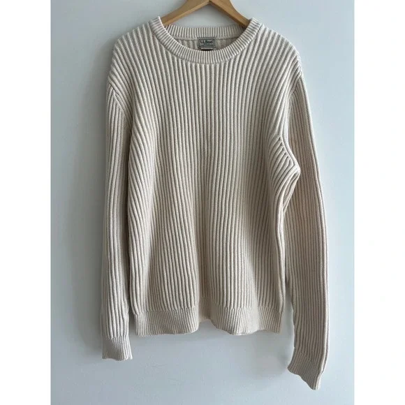 LL Bean Mens L Tall Cream Chunky Ribbed Cotton Crewneck Sweater Preppy Cabincore