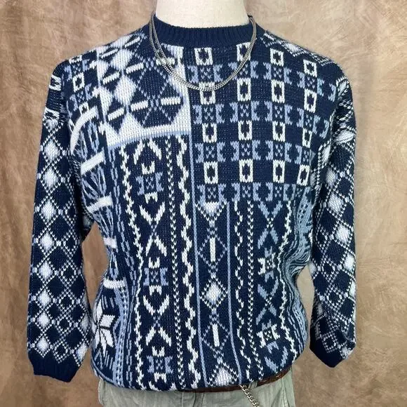 Vintage Geometric Sweater 80s Argyle Diamond Knit Blue White Eclectic Grandpa