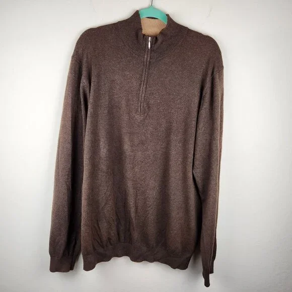 J. Hilburn Brown Cotton Silk Cashmere Half Zip Knit Sweater sz LT Flawed