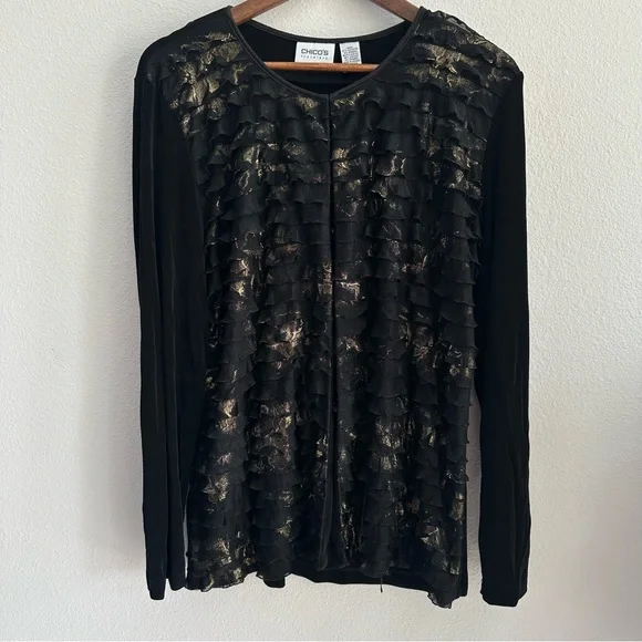 Black Gold Ruffle Chico's Travelers Special Occasion Cardigan - Chico's Size 3