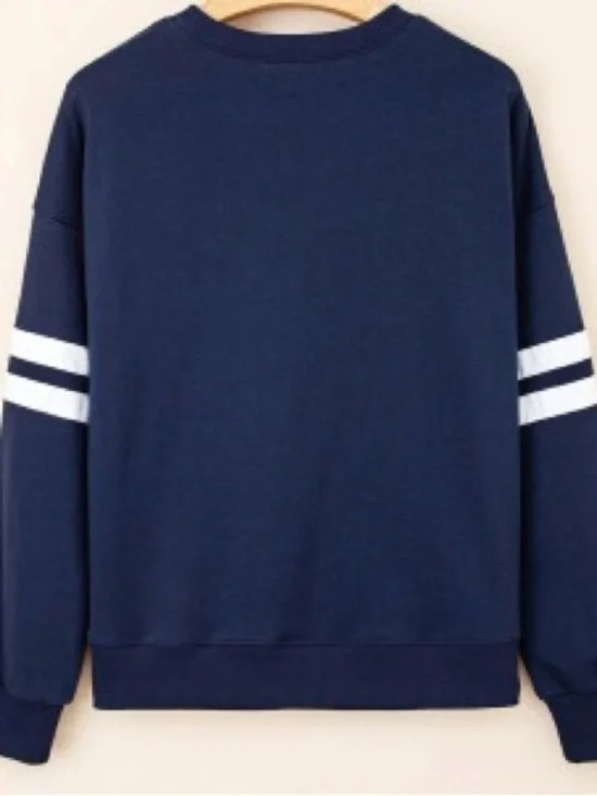 Navy Blue Preppy Striped Sleeve Loose Sweatshirt