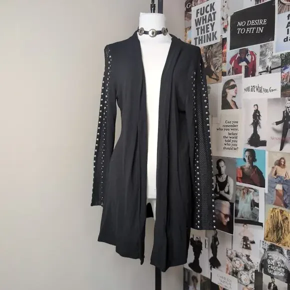 Studded Vintage Mesh Panel Open Cardigan