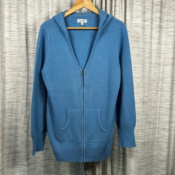 Caribbean Joe Zip Hoodie Blue Women XL Waffle Knit Cardigan Sweater