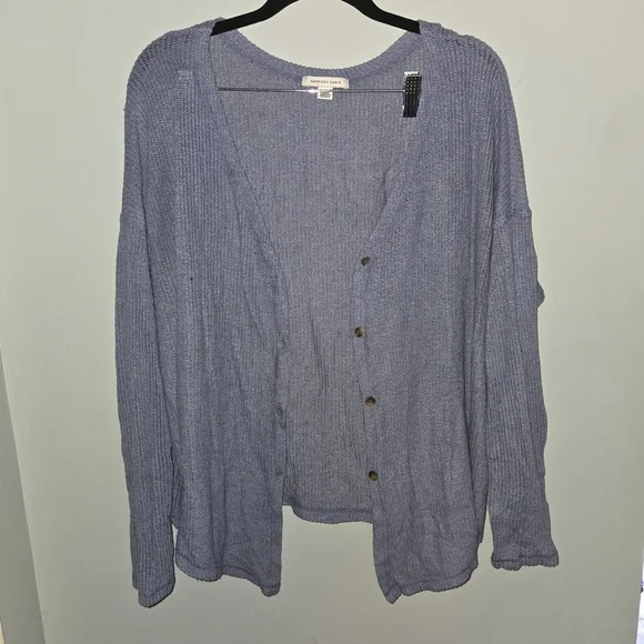 Large American Eagle Light Blue Knit Soft Sweater Cardigan Note Chipped Button