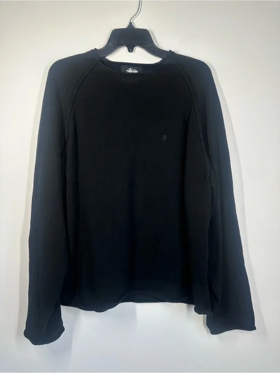Stüssy Black Raglan Crewneck Sweatshirt Embroidered Logo Size Large