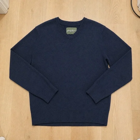 Eddie Bauer Navy Cotton Cashmere V-Neck Quiet Luxury Preppy Sweater Size L