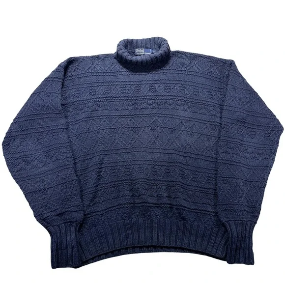 Vintage Polo Ralph Lauren Hand Knit Cotton Turtleneck Sweater Navy XL 90s RARE